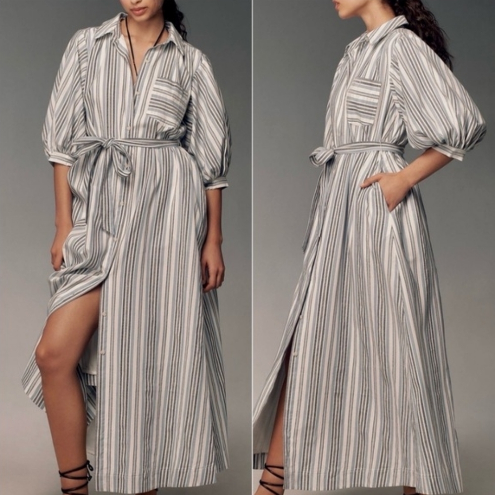 Anthropologie Maeve Mona Blue Striped Belted Buttondown Cotton Maxi Dress Sz L